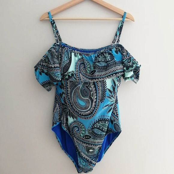 Jantzen Aqua Plus Size Reef Blue Paisley Ruffle One Piece Swim Bathing Suit 14 - Picture 3 of 16